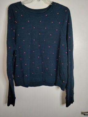 J. Crew Vintage Fleece (Size L) Navy & Pink Hearts Cotton Crewneck LS Sweater